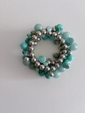 Turquoise Cluster Charm Stretch Bracelet Silver Tone Boho Beaded Statement